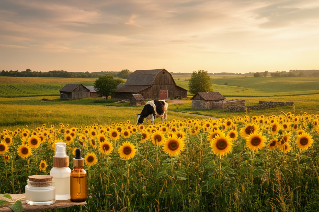 Farmstead banner with Holstein cow and skincare products